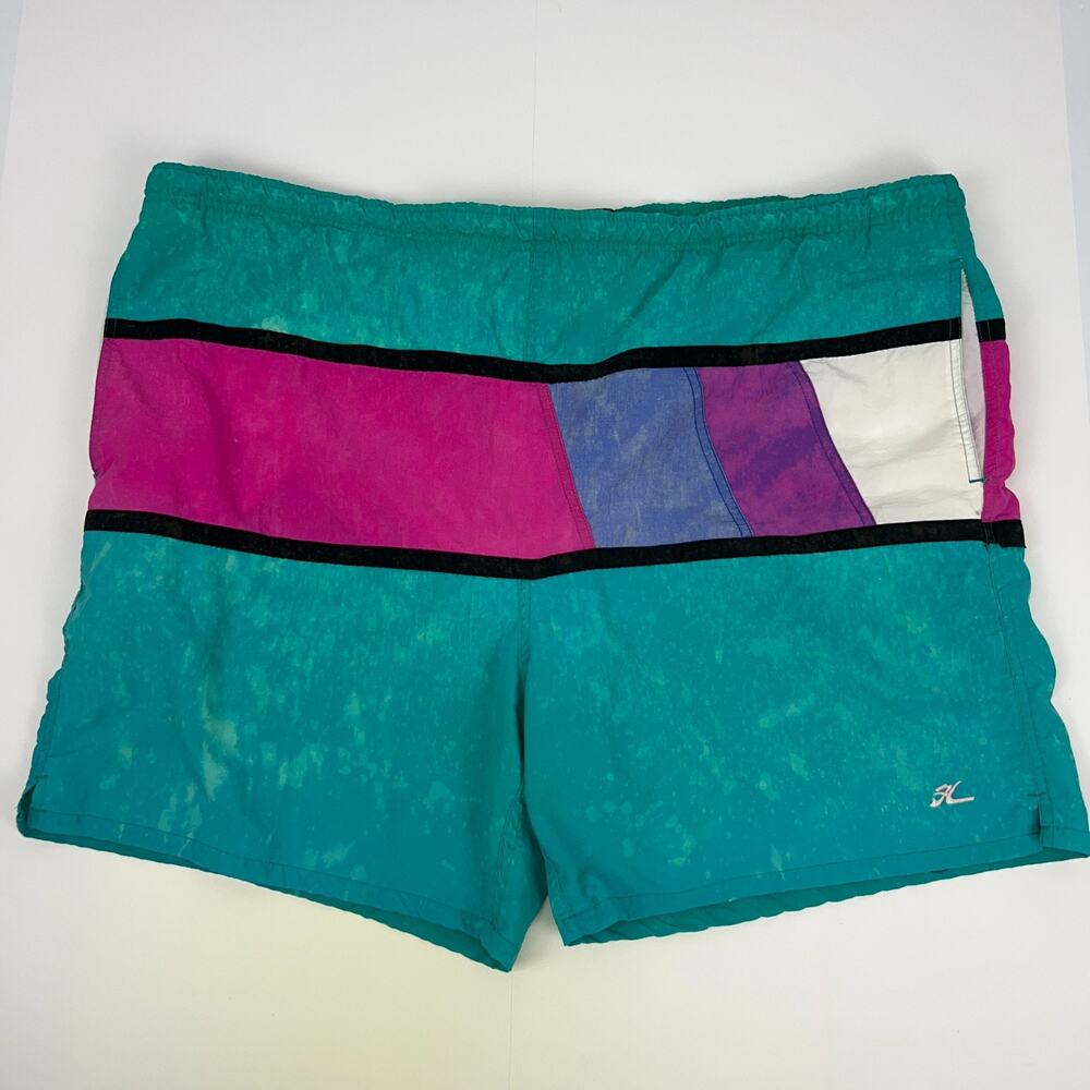 Vintage 80s 90s Hobie Swim Trunks 2XT 2X Tall Teal Pink Purple Colorblock Shorts